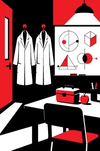 Two identical lab coats hanging side by side, a whiteboard of equations and a child's lunchbox on the desk.