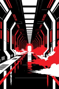 A long empty spaceship corridor with flickering lights and ghostly afterimages of itself overlapping.