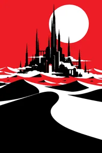 A spired city surrounded by endless sand dunes under a pale sun.