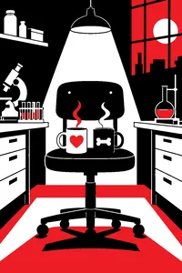A single chair in a lab with two coffee mugs, one with a cartoon heart and one with a skull.