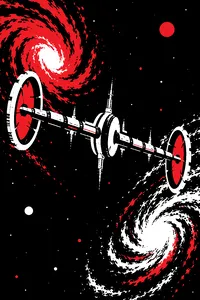 A space station hanging in the empty void between two galaxies, two ring-shaped gates on either end.