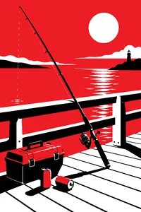 A fishing rod propped on a sunny pier railing next to a tackle box and two cans of soda.
