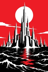 A city of glass towers breaking the surface of a dark ocean, water pouring from its spires.