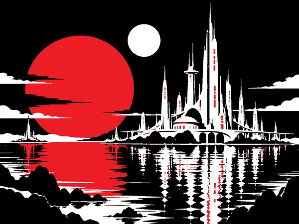A gleaming spired city sitting on a calm alien ocean under two moons, its towers lit from within.