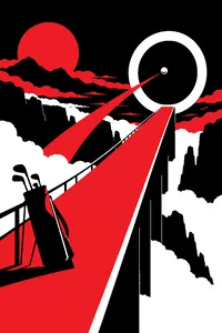 A golf ball flying into a shimmering ring of light at the end of a ramp, a golf bag propped against the railing.