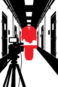 A video camera on a tripod pointed down an empty military-base corridor, a red tally light glowing.