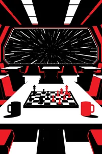 A spaceship's empty mess hall with a chessboard mid-game and a window full of frozen streaks of light.