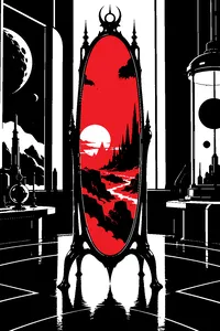 A tall ornate standing mirror in a dusty alien lab, reflecting a burning sky that isn't in the room.