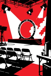 A cheap TV set with a cardboard ring prop, folding chairs and a coffee urn under studio lights.