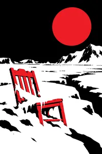 A snow-covered Antarctic plain with an ancient glowing chair half-buried in the ice.