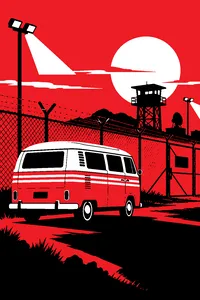 A painted VW-style camper van parked in front of a chain-link military fence at dusk.
