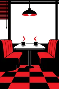 A quiet roadside diner booth with two cups of coffee and a glowing window full of white light.