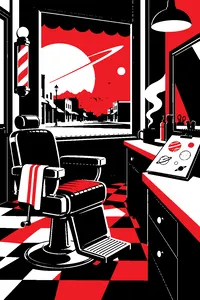 An empty small-town barbershop chair with a clipboard of sketched alien planets on the counter.