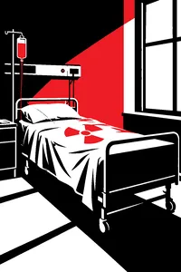 A hospital bed beside a window with soft blinding light pouring through, a radiation badge on the sheet.