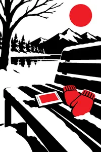 A small sealed heat packet on a snowy bench beside a pair of mittens.