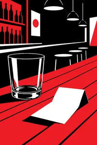 A folded bar receipt beside an empty glass on a wooden bar top.