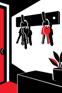 A ring of house keys on a coat hook beside a second, newer set.