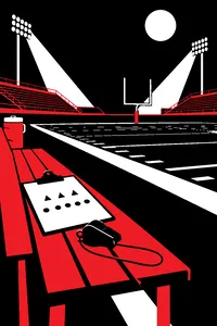 A football field at night under stadium lights, a coach's whistle and clipboard on the empty bench.