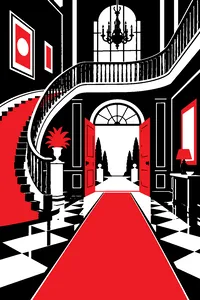 A grand mansion foyer with a sweeping staircase and an open front door letting in light.