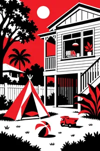 A backyard with a blue-sky Queenslander house, a kids' play tent and a dish rack full of plates in the window.