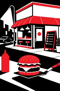 A small corner burger restaurant with a chalkboard menu and a single burger on a spatula.