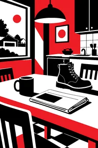 A suburban kitchen table with a coffee mug, a folded newspaper and a single heavy work boot.