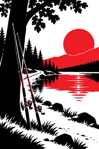 Two fishing poles leaning against a tree beside a small lake on a dirt road.