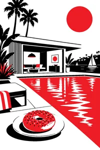 A pool house beside a backyard pool in Newport Beach, a bagel on a plate at the edge.