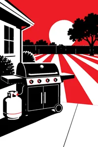 A propane tank and grill in a tidy Texas backyard with a perfectly mowed lawn.