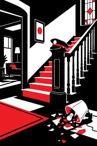 A police cap on the newel post of a Chicago house staircase, a broken lamp on the floor.
