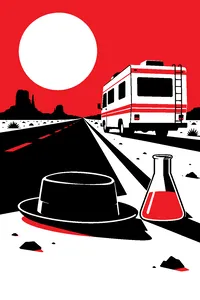 A desert road with a parked RV, a pork pie hat on the ground and a chemistry flask.