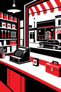 A 1950s hardware store counter with a cash register, a jukebox glowing across the street.