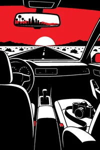 A small car driving east on an empty desert highway at golden hour, a camera on the passenger seat, Los Angeles fading in the rearview mirror.