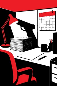 A cramped government cubicle with a stack of typed reports, a wall calendar, and a gun-shaped shadow cast by a desk lamp.