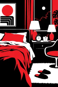A cozy 1970s bedroom at night, twin lamps glowing, a bedside alarm clock and a takeout container of Japanese food on the nightstand.