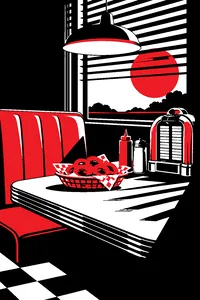 A diner booth with a basket of onion rings on the table and a tabletop jukebox, the edge of the frame dissolving into black.