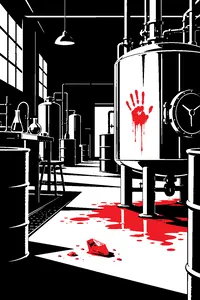 An abandoned meth lab with steel tanks and drums, a single bloody handprint on a stainless steel vat, a blue crystal glinting on the floor.