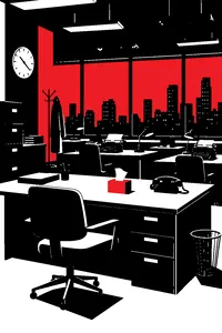 An empty 1970s newsroom at night, desks tidied, a lone box of tissues on the central desk, the overhead lights half switched off.