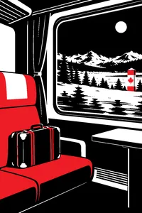 An empty train compartment window at night, a small suitcase on the seat, a snowy Canadian border landscape blurring past.