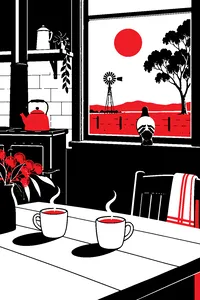 A rural Australian farmhouse kitchen, two cups of tea on a weathered table, a pigeon perched on the windowsill.