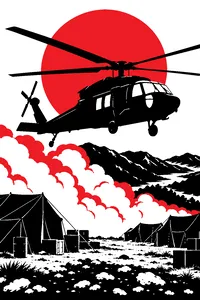 An army helicopter lifting off over a dusty Korean hillside camp, olive tents below, white stones scattered across the ground.