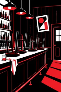 A dim wood-paneled bar after closing, stools upturned on the counter, a framed picture on the wall hanging slightly crooked.