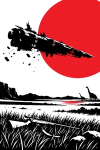 A grand battle-scarred spaceship drifting into the sun, while on a grassy prehistoric plain below a single abandoned rifle lies in the grass.