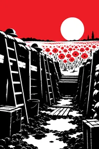 A muddy First World War trench with ladders against the wall and helmets on the parapet, fading into a sunny field of red poppies.