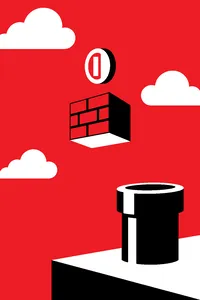 A floating brick block, a green pipe and a gold coin mid-air over a blue sky.