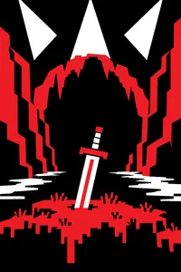 A wooden sword planted in green pixel grass at the mouth of a dark cave, three triangles of light overhead.