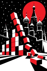 Falling stacked blocks forming a skyline in front of onion-domed towers under snow.