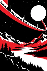 A giant ringworld arching across a starry sky above a green alpine valley.