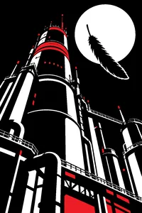A single black feather drifting down past a towering industrial reactor at night.