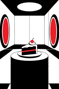A slice of frosted cake on a plate in a sterile white test chamber with two round glowing doorways on the walls.